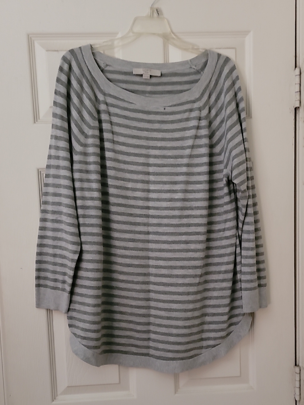 LOFT Light Gray and Gray Striped Scoop Neck Sweater
